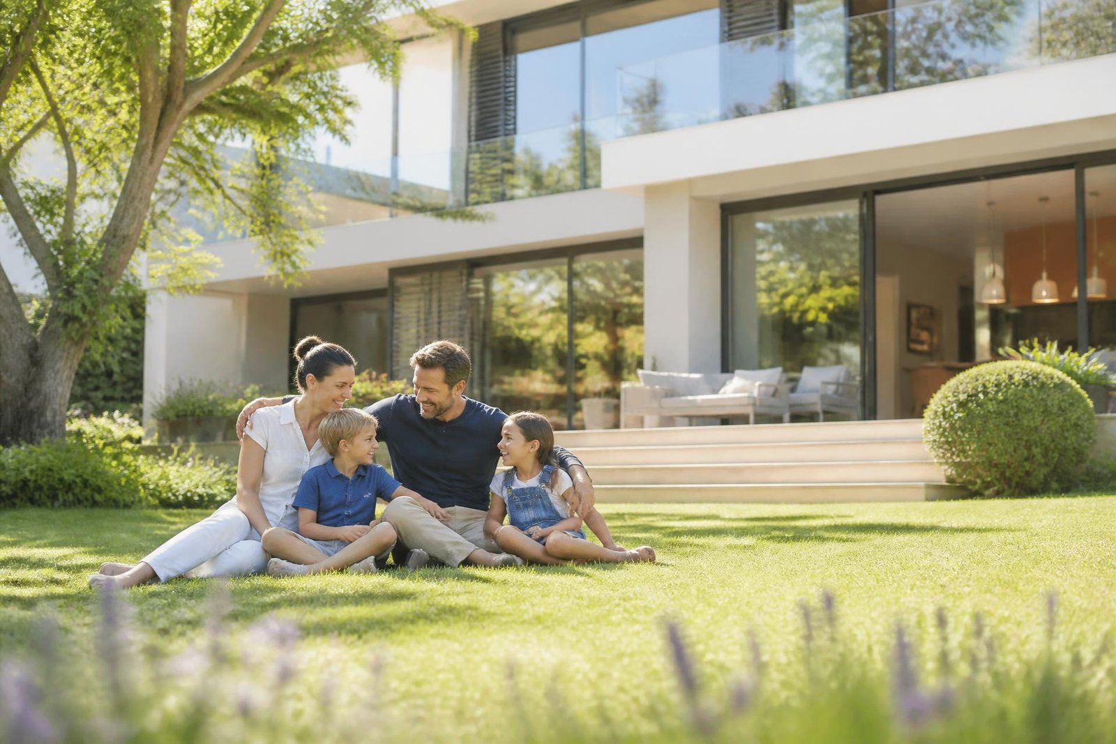 Família reunida no jardim de uma casa, representando proteção e tranquilidade